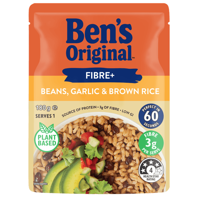 Ben’s Original Fibre+ Beans, Garlic & Brown Microwave Rice Pouch 180g