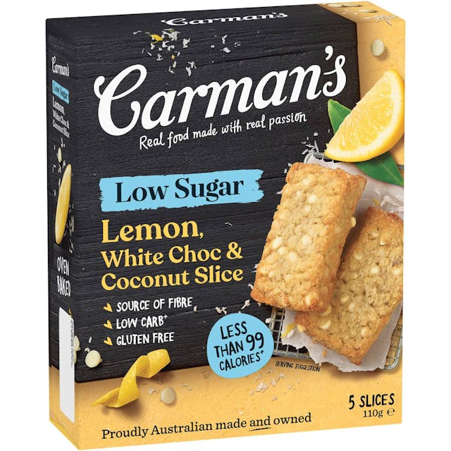 Carman's Low Sugar White Choc Lemon & Coconut Slice