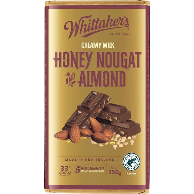 Whittaker's Honey Nougat & Almond Creamy Milk Chocolate Bar