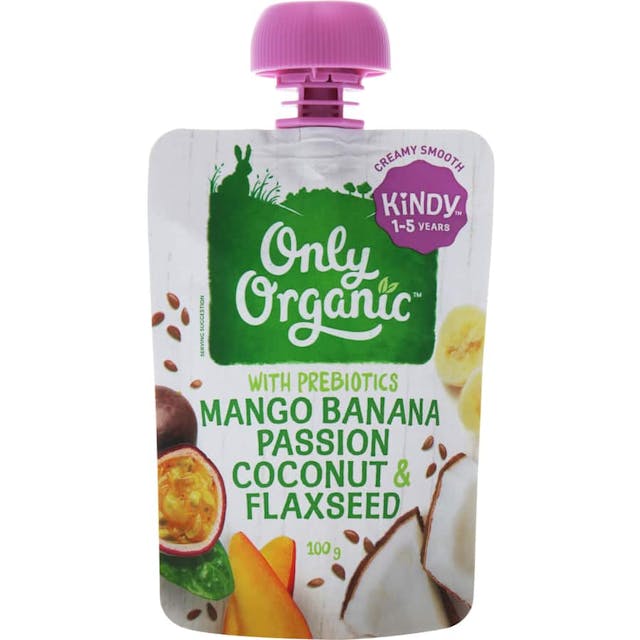 Only Organic Kindy Baby Food Mango Banana Passionfruit Coconut Flax