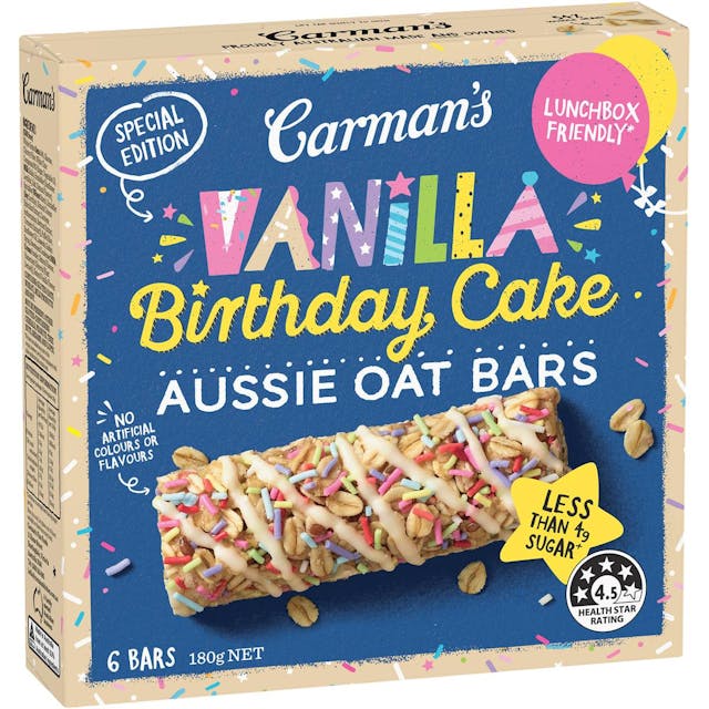 Carman's Aussie Oat Vanilla Birthday Cake Muesli Bars (6 Pack)