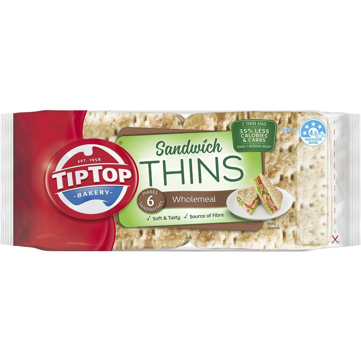 Tip Top Sandwich Thins Wholemeal Bread 6 Pack