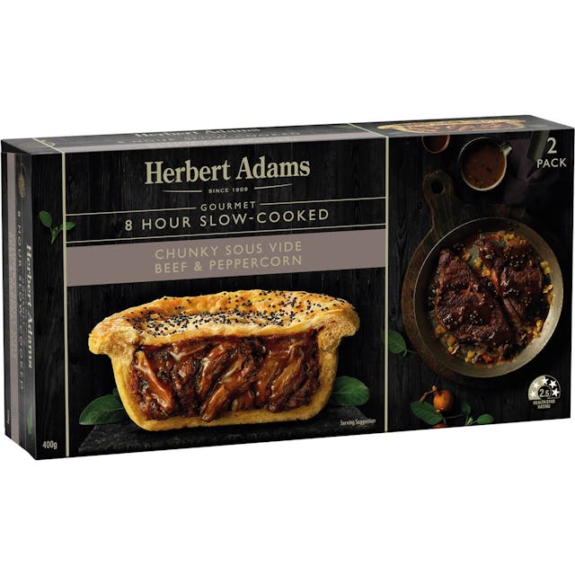 Herbert Adams Slow Cooked Chunky Sous Vide Beef & Pepper Pies (2 Pack)