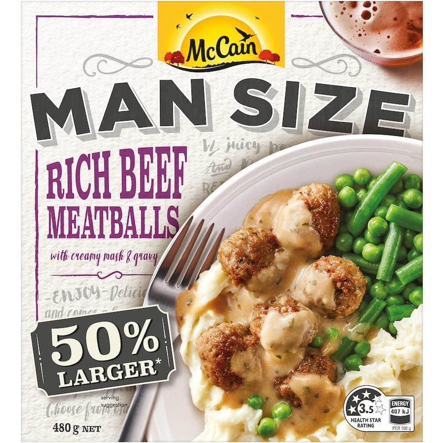 Mccain Man Size Frozen Meal Rich Beef Meatballs