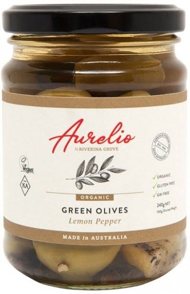 Aurelio Organic Green Olives Lemon Pepper