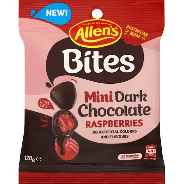 Allens Chocolate Bites Mini Dark Choc Raspberry