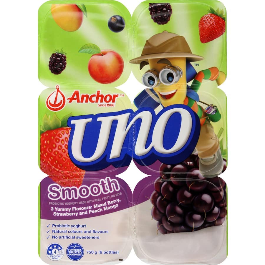Anchor Uno Smooth Yoghurt 6pk Strawberry Mixed Berry Patch