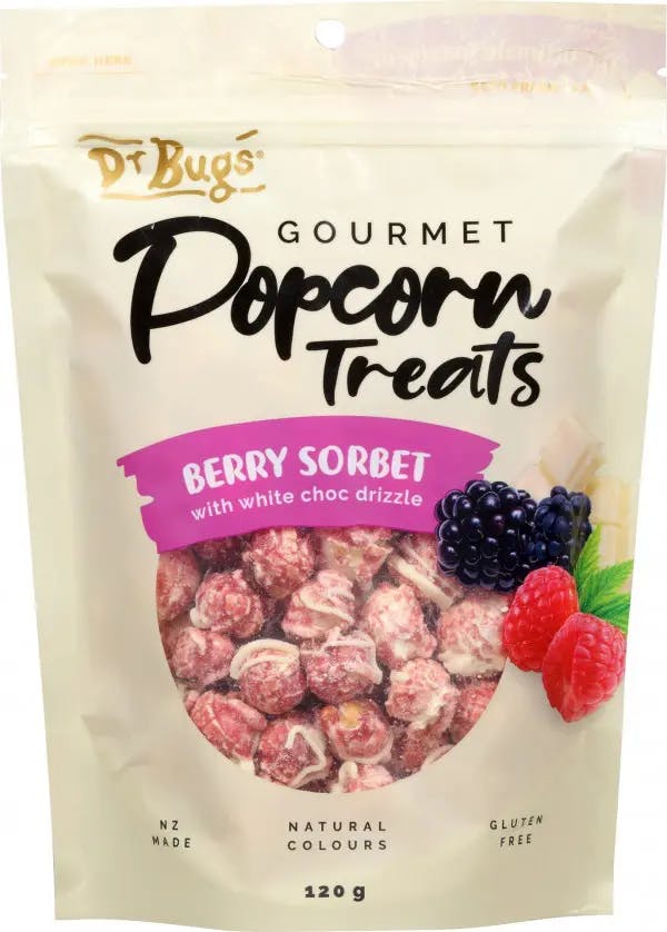 Dr Bugs Popcorn Treats Berry Sorbet White Choc